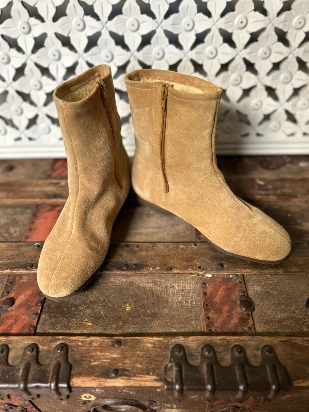Suede Ankle Zip‎ Booties in Tan 9 Narrow